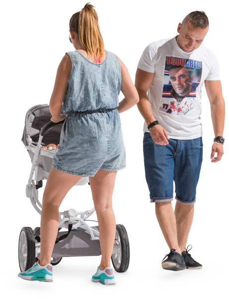 Mother with stroller and standing father image