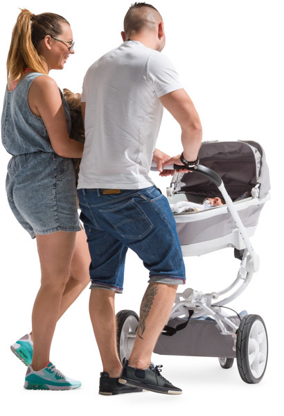 Family walking with stroller and dog image
