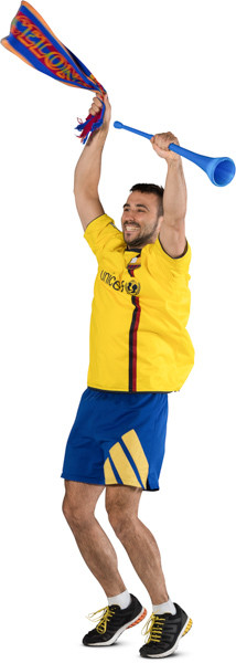 Standing fan with scarf and vuvuzela image