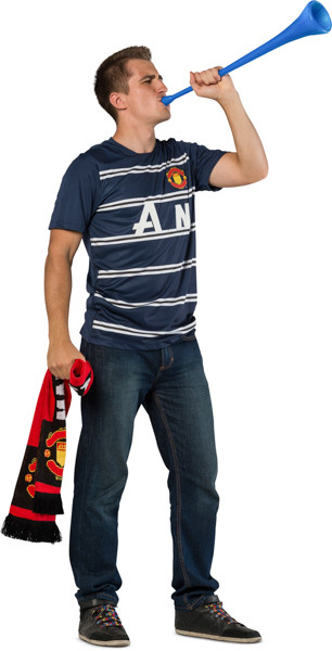 Standing fan with scarf and vuvuzela image