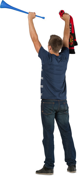 Standing fan with scarf and vuvuzela image