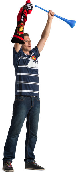 Standing fan with scarf and vuvuzela image