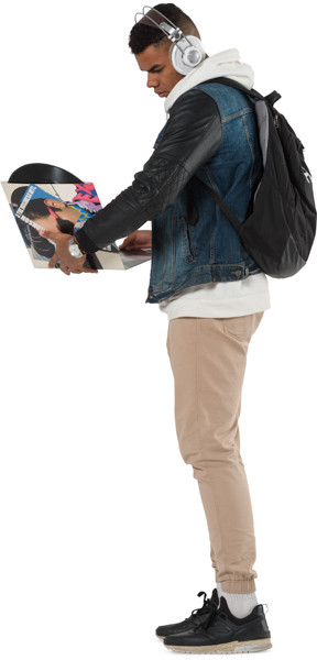 Man listening to the music with record image