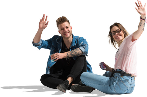 Couple sitting and waving image