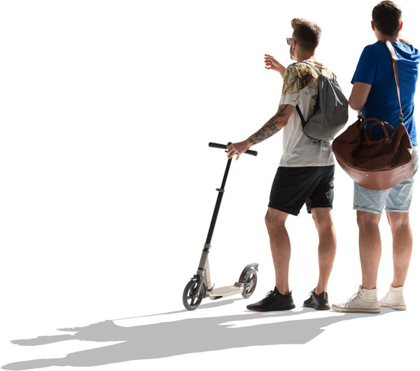 Friends chatting and standing with scooter image