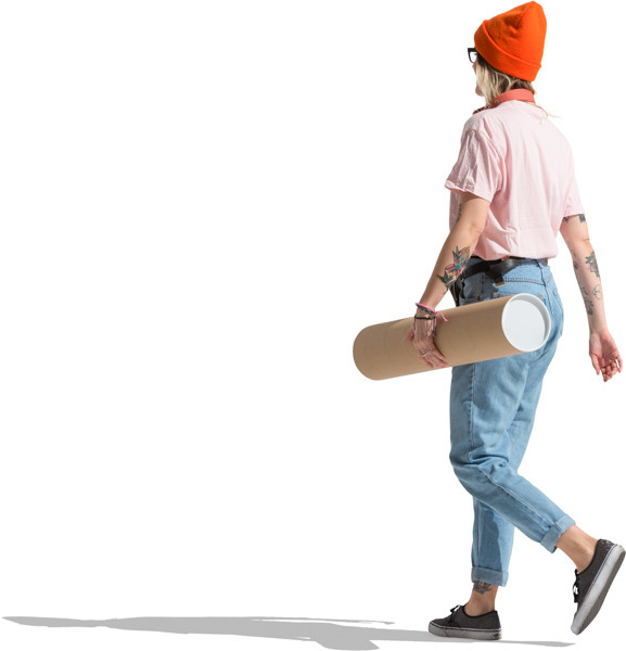 Young girl walking with cardboard tube image