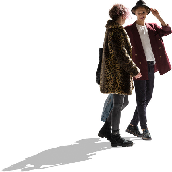 Woman in fur coat with the shopping bag speaking with man image