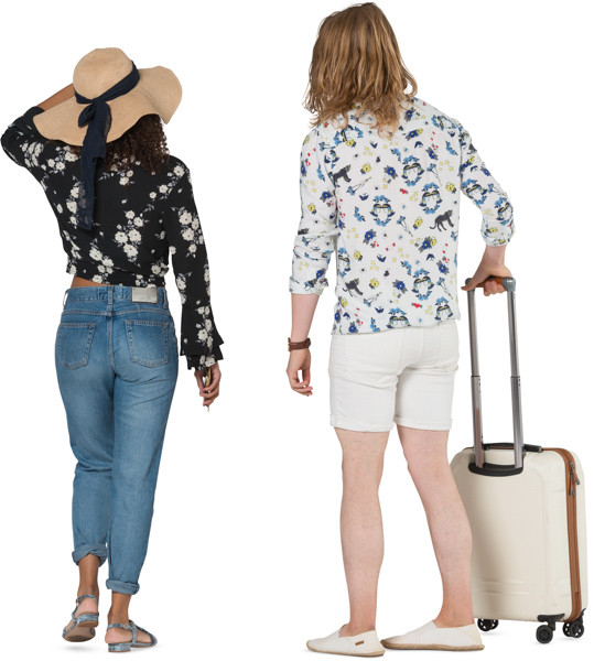 Walking man with bag and woman with phone in summer hat image