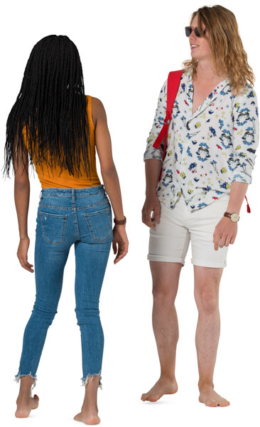 Two friends with backpack standing and talking image