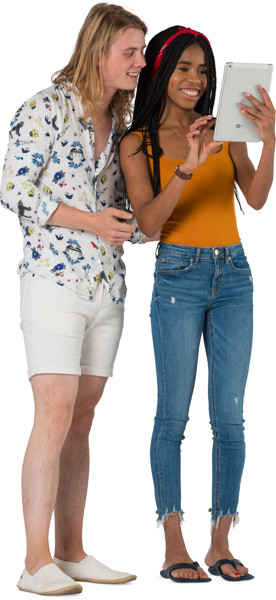 Standing man and woman with pad image