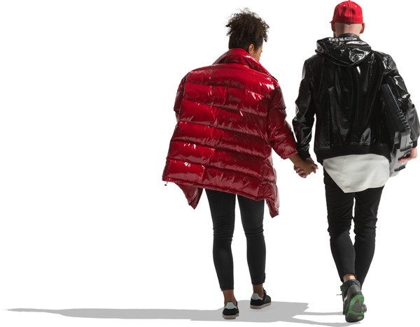 Black woman and white man walking with keyboard image