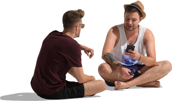 Mens talking and sitting on the floor image